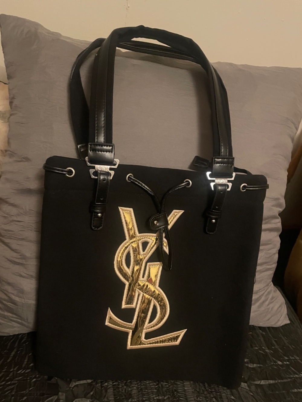 YSL Logo Black Tote with Gold Embroidery